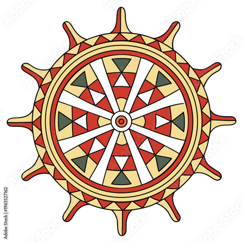Colorful dharma wheel buddhist symbol illustration, tribal geometric design, white background, folk art, traditional art