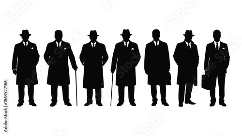 Seven silhouetted men in vintage attire