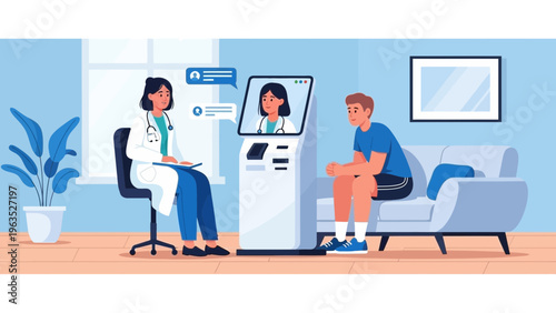A young man consults with a physician online through a digital health kiosk, representing the future of telemedicine and virtual healthcare services