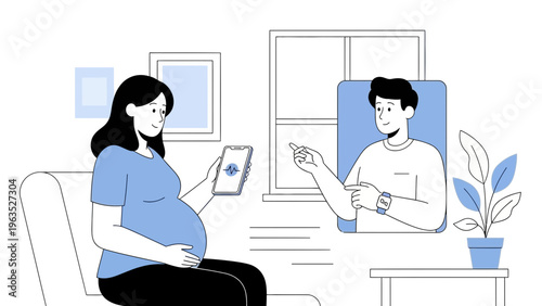 Pregnant woman having a virtual medical consultation with a doctor via video call on a smartphone from her living room