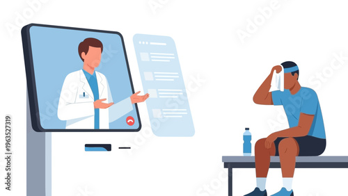 Telemedicine consultation from a doctor to a patient sitting on a bench in a white room with a bottle of water
