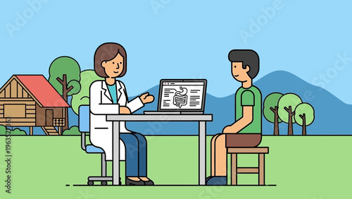 Female doctor explains the digestive system to a male patient during an outdoor medical consultation in a rural area. Healthcare illustration