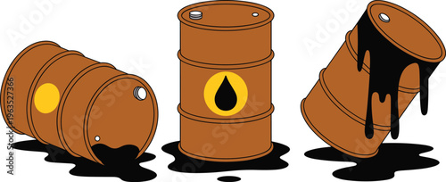 Oil barrel set with leaking and spilled crude petroleum drums, industrial fuel container illustration isolated for energy, pollution, hazard and environmental concept design