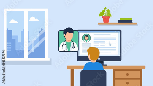Virtual doctor consultation on computer screen for convenient remote healthcare, offering digital medical advice and online check-ups from the comfort of home
