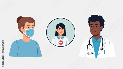 Patient in mask consults virtually with medical professionals, showcasing modern telehealth, online doctor appointments, and digital healthcare delivery