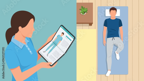 Medical professional utilizing a modern digital tablet to access patient health records for an upcoming examination or physical therapy session in a clinic setting