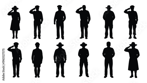 Silhouettes of people saluting in various uniforms and attire