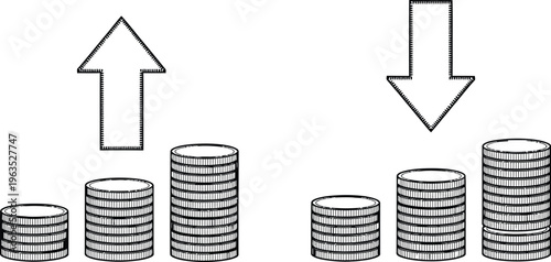 Contrasting financial trends with arrows and coin stacks
