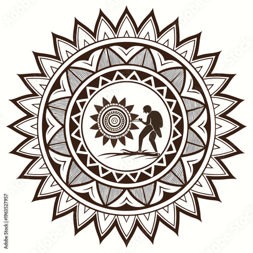 Tribal mandala with silhouette of person facing sun and geometric sun design with white background with dark brown