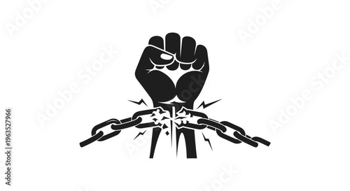 Clenched fist breaking a metal chain, symbolizing freedom, revolution, and breaking free from oppression, isolated white background.