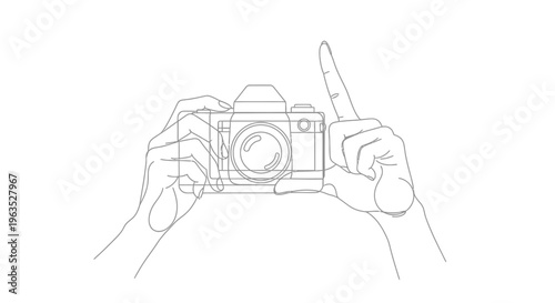Hands Pointing at Digital Camera, Indicating Settings or Shot Composition, Line Art on Isolated White Background.