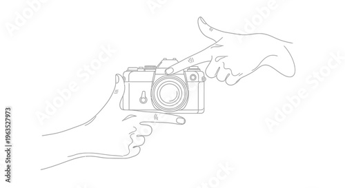 Hands Pressing Shutter Button on Digital Camera to Take Photo, Line Art on Isolated White Background.