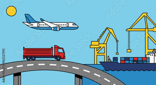 Global Logistics and Multimodal Transport with Truck, Airplane, and Cargo Ship at Seaport.