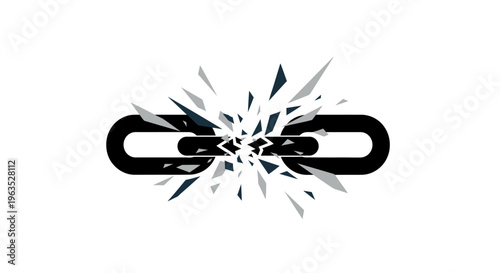 Shattered Black Chain Link Icon with Fragments on Isolated White Background