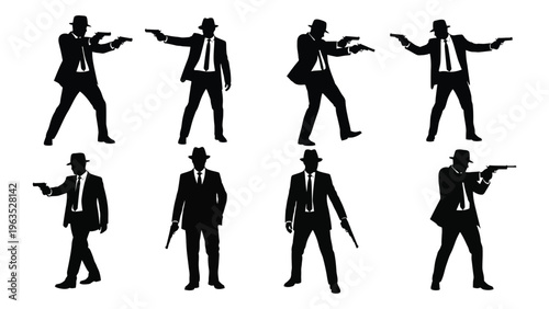 Silhouettes of men in suits and hats with guns