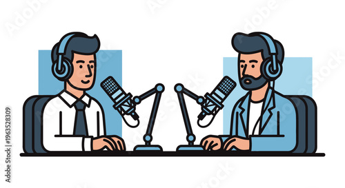 Two professional men wearing headphones, broadcasting an engaging podcast or radio show from a studio.