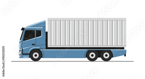 Blue semi-truck with a white cargo container on an isolated white background.