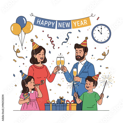 Happy family celebrating New Year's Eve.