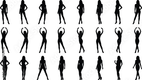 Collection of female body silhouette poses in different stylish positions isolated on white background, fashion model vector set for design, illustration, and graphic use
