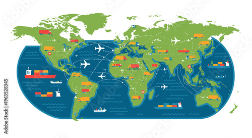 World map illustrating global trade routes with connected continents, ships, airplanes, and trucks icons.