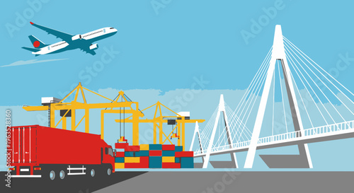 Industrial port with a red cargo truck, containers, crane, and a modern cable-stayed bridge under a clear sky.