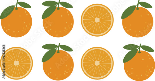 Orange fruit vector set with whole oranges and slices, fresh citrus illustration collection with leaves, isolated healthy food design, juicy organic fruit concept