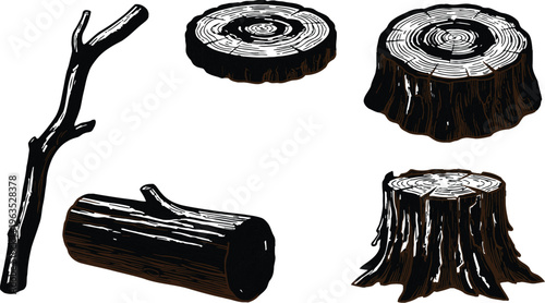 Wood illustration with tree stumps and log on beige background