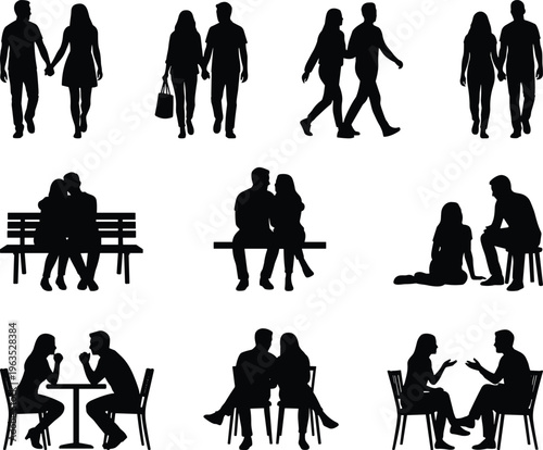 Couple silhouette collection vector set showing romantic relationships walking sitting talking dating scenes isolated on white background for lifestyle design and storytelling