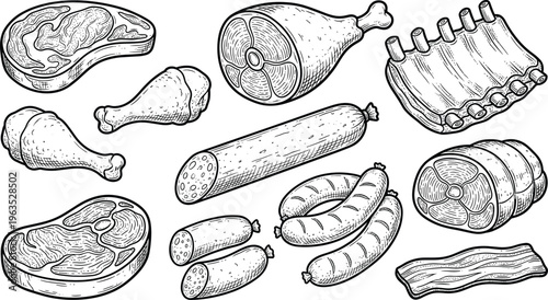 Hand drawn meat cuts vector illustration set featuring steak chicken drumstick sausage bacon ribs vintage engraved style butcher food collection