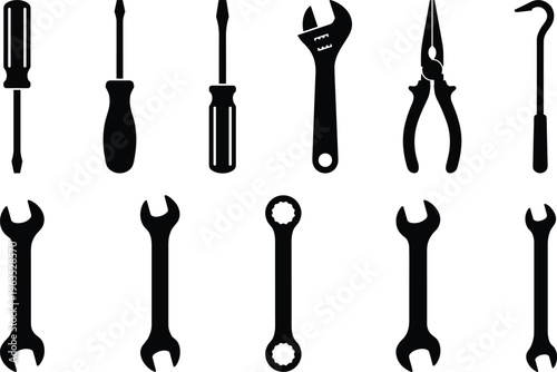 Hand tools silhouette collection with screwdriver wrench pliers and spanner isolated on white background, construction repair vector set for industrial, maintenance, and hardware design