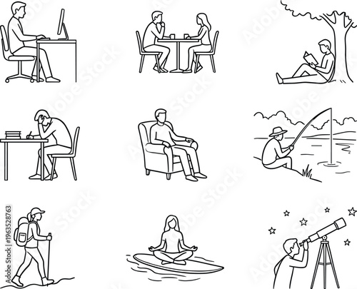 People daily activities line icon set featuring working reading fishing hiking meditation stargazing lifestyle scenes outline vector illustration collection isolated