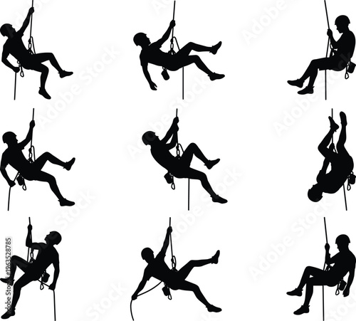 Rock climbing rappelling silhouette set featuring climber descending rope safety harness extreme sport adventure vector collection isolated on white background