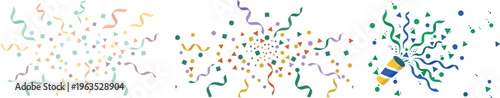 Web Festive Celebration Vector Set with Party Popper Exploding Confetti and Colorful Streamers Collection Isolated on White