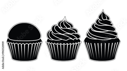 Three black and white cupcake illustrations