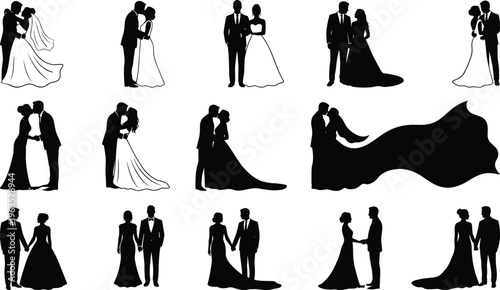 Wedding couple silhouettes vector set bride and groom romantic poses kissing holding hands isolated on white background for invitation design and decoration