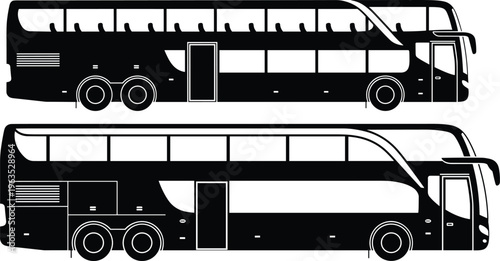 Double decker tour bus silhouette set featuring modern coach transport for city sightseeing, travel industry, public transportation, and tourism graphics.