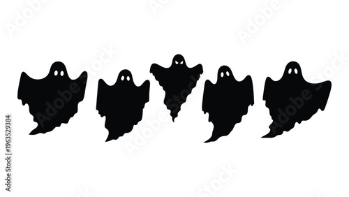 Five faceless black silhouettes with hooded capes