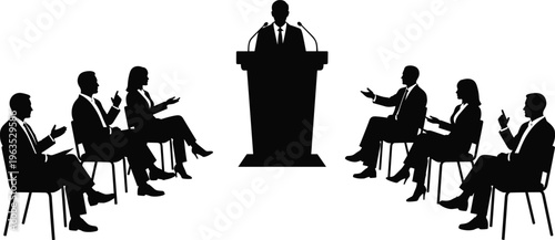 Business conference silhouettes, speaker at podium addressing audience, corporate presentation and communication concept, office professionals meeting isolated on white background