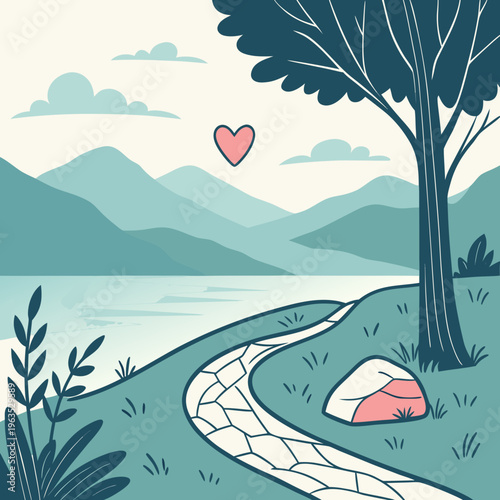 Peaceful landscape illustration with stone path and heart shape in a mountain valley