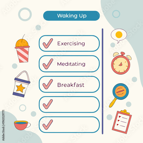 Morning routine task checklist and daily planner illustration with self care
