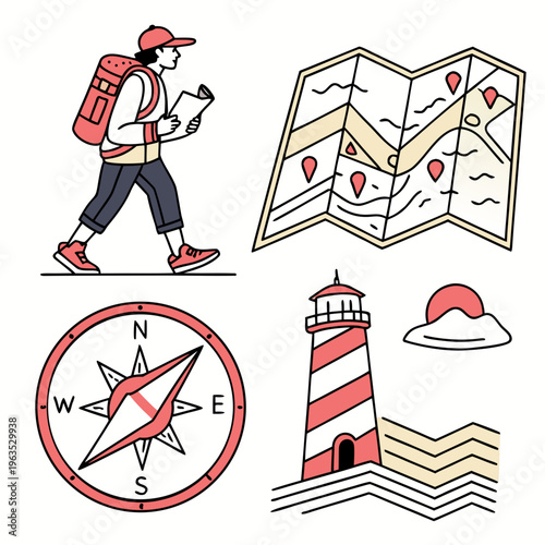 Adventure travel illustration set with hiker walking with map, compass navigation tool, paper map with location pins, and coastal lighthouse with sun