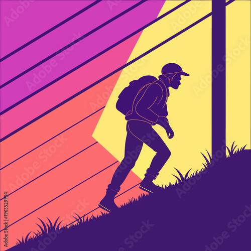 Silhouette of hiker climbing steep hill with backpack during sunset with retro style background and geometric light rays