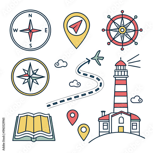 Nautical navigation and global travel icon set with lighthouse building, compass, airplane path, paper map, map markers, and steering wheel