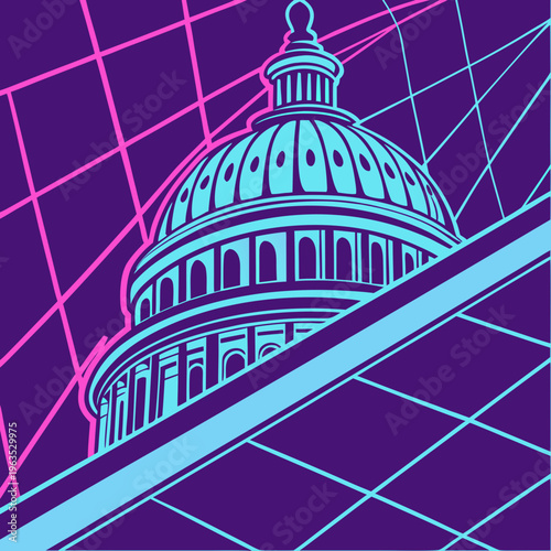 Capitol building dome illustration in retro synthwave style with neon blue and purple colors and digital grid background