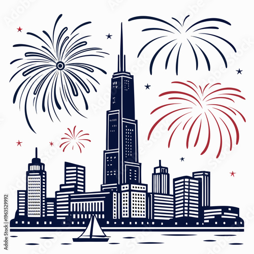 Modern city skyline with fireworks and sailboat vector line art illustration