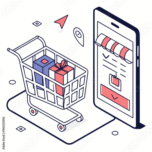 Online shopping isometric illustration with cart and smartphone displaying storefront interface concept
