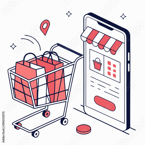 Mobile e-commerce shopping concept with cart full of bags and smartphone screen interface illustration