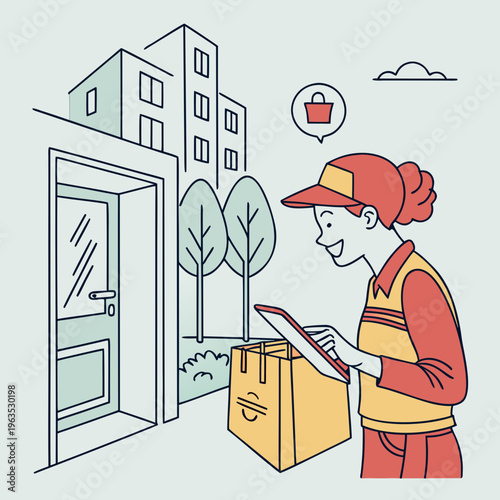 Courier delivering package to apartment building