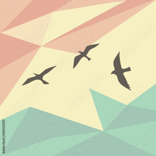 Abstract geometric polygonal background featuring silhouette of flying birds in sky