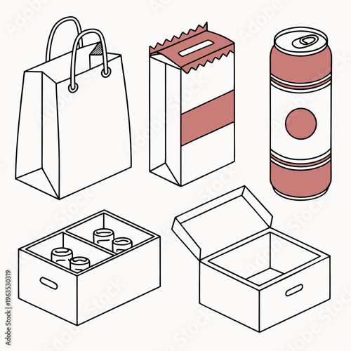 Isometric product packaging set with shopping bags, cardboard boxes, and beverage cans, flat outline vector icons for retail, shipping, and delivery concept